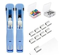 Portable Binder Clip Stapler Set, Includes 100 Reusable Clips, Handheld Clam Clip Dispenser for Office, Home, School Document Binding (2pcs Blue)