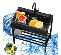 Portable Black Stainless Steel Kitchen Sink with Faucet Adjustable Legs Professal Industrial Design Ideal for Indoor/Outdoor Garden Use.