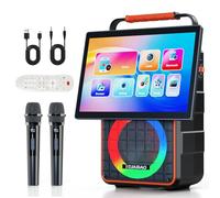 Portable Bluetooth Karaoke Speaker with 14.1” HD Screen, Wireless Screen Mirroring for iOS & Android, 2 Wireless Rechargeable Mics, AUX/USB/TF Card, Dynamic Lyric Display via Bluetooth, Ideal for Home