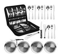 Portable Camping Cutlery Set, 20pcs Stainless Steel Camping Tableware Set with Case Spoons Forks Knife Clip Plate, Outdoor Hiking Picnic Travel Cutlery Set for 4 People