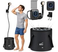 Portable Camping Shower, 8000mAh Rechargeable Portable Shower Pump with 20L Collapsible Bucket LED Display, 5 Water Pressure, 4 Spray Modes, IPX8 Waterproof Outdoor Shower for Hiking Travel Car Pet