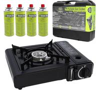 Portable Camping Stove With 4 x 227g Butane Canisters - EN417 Compliant, Gas Cooker, Travel BBQ, Piezo Electric Ignition, Wind Shield, Pan Handle Support, Heat Control, Stainless Steel, Carry Case