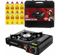 Portable Camping Stove with Carry Case & 8 Butane Gas Canisters - Black Single Burner Gas Cooker, Automatic Piezo Ignition, Adjustable Heat Control, EN417 Compliant, 2100W