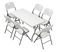 Portable Camping Table with Handle - 1.5m Outdoor Folding nic Table Space Saving Indoor Outdoor Dining Table with 6 Square Stools for Kitchen Garden Events