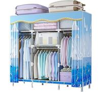 Portable Canvas Wardrobe Storage Organizer with Hanging Rail and Shelves, Foldable Fabric Closet for Bedroom and Living Room, B-163x45x170cm