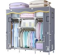 Portable Canvas Wardrobe Storage Organizer with Hanging Rail and Shelves, Foldable Fabric Closet for Bedroom and Living Room, B-163x45x170cm