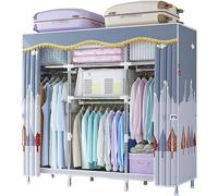 Portable Canvas Wardrobe Storage Organizer with Hanging Rail and Shelves, Foldable Fabric Closet for Bedroom and Living Room, B-163x45x170cm