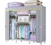 Portable Canvas Wardrobe Storage Organizer with Hanging Rail and Shelves, Foldable Fabric Closet for Bedroom and Living Room, B-163x45x170cm