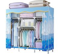 Portable Canvas Wardrobe Storage Organizer with Hanging Rail and Shelves, Foldable Fabric Closet for Bedroom and Living Room, B-163x45x170cm