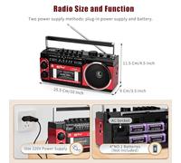 Portable Cassette Player, FM/AM/SW Tape Player Recorder, Retro Stereo Radio, Available Batteries/Electricity Wireless Bluetooth Boombox Mp3 with Recording Function for Family Gathering,Red