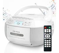 Portable CD Player, Cassette Player Combo with Tape/CD/MP3/USB/FM/Blutooth Playback, CD Player Boombox with LED Display & Remote Control, AC/DC Powered for Family Gathering white