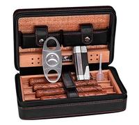 Portable Cedar Wood Cigar Humidor Box - 4 Piece Smoking Set, Cedar Wood Cigar Humidor, Travel Leather Cigar Case, Humidifier for Cigar black