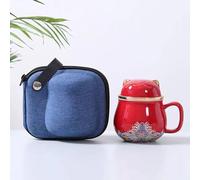 Portable Ceramic Tea Cup Set, Lucky Cat Ceramic Teapot Set With Handle, Tea Strainer, Lid And 1 Shockproof Storage Box For Travel, Outdoor And Office. (red)