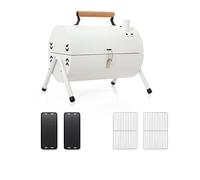 Portable Charcoal Grill Tabletop Barbecue Smoker for Outdoor Camping Picnic Backyard Cooking with Wooden Handle and Ventilation System(White-A)