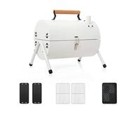 Portable Charcoal Grill Tabletop Barbecue Smoker for Outdoor Camping Picnic Backyard Cooking with Wooden Handle and Ventilation System(White-B)