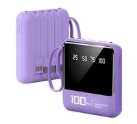 Portable Charger 10000mAh Mini Power Bank with Built in Cables, USB C LED Lightweight External Battery Pack, 5 Outputs & 3 Inputs, Compatible for iPhone15/14/13/12 Series, iPad, Samsung,etc (Purple)