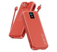 Portable Charger, 12000mAh 22.5W Fast Charging Power Bank with Built-in Cables & Wall Plug, Travel Essential Battery Pack with LED Display, USB C Battery Phone Charger for iPhone, iPad, Samsung Red