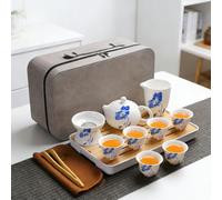 Portable Chinese Gongfu Tea Set - 13-Piece Ceramic Travel Tea Set with Tea Tray, 2 Teapots, 6 Cups, Filter, Tongs, Cloth, Carry Bag - Ideal for Home, Office, Camping, Gift (Lotus pattern)