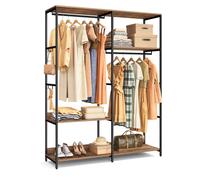 Portable Clothes Wardrobe,Foldable Closet,Clothes Rack Freestanding,Closet Organiser, with Hanging Rods,Storage Shelves, Removable Hooks,Rustic Brow