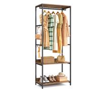 Portable Clothes Wardrobe,Foldable Closet,Clothes Rack Freestanding,Closet Organiser,with Hanging Rods,Storage Shelves,Removable Hooks,Rustic Brown