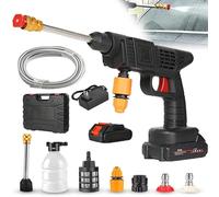 Portable Cordless Car Wash High Pressure Washer Gun 500 PSI 300W with Battery and Charger, 6-in-1 Nozzle Jet Hydrowasher Spray Water Gun for Car, Home & Garden