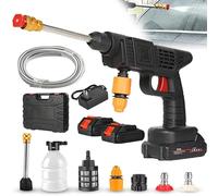 Portable Cordless Car Wash High Pressure Washer Gun 500 PSI 300W with Battery and Charger, 6-in-1 Nozzle Jet Hydrowasher Spray Water Gun for Car, Home & Garden