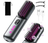 Portable Cordless Hair Straightener Brush for Travel, Negative Ion 9600mAh | 4 Temperature Settings, 3D Anti-heating Brush Tooth, USB Rechargeable, Heated Hot Comb for Women, Beard Straighteners for Men