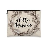 Portable Cosmetic Bag, Rustic Winter Hello Pouch for Women, Small Canvas Zipper Organizer, Holiday Skincare Toiletry Bag, Beige, 7x9 Inch, Winter