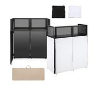 Portable DJ Booth Facade Stand | Foldable DJ Table with 38.5"x19" Surface & Cable Hole | Includes Black/White Scrims & Carry Bag for Events, Parties, Mobile DJs (DJ Station, Event Facade)