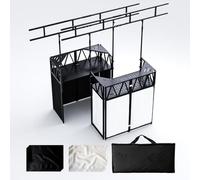 Portable DJ Booth,Foldable DJ Table Stand with Light Stand White & Black Scrim,Adjustable DJ Facade Booth Station Triangle Plate Metal Frame DJ Table with Cable Hole for Private Events, Clubs, Bars