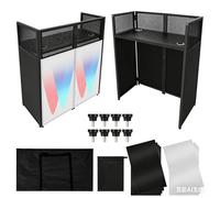 Portable DJ Facade Booth,42"L x 43"H x 21"W DJ Table Facade With White & Black Scrim,Foldable Metal Frame DJ Table Stand Station With Adjustable Feet for Party