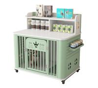 Portable Dog Crate, Side With Small Storage Board For Cans, Bottom With Dog Toilet + Universal Wheels, Suitable For Small And Medium-sized Dogs(White+green)