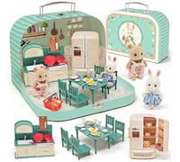 Portable Dollhouse Suitcase Set for Kids, Kitchen Furniture Accessories/Flexible Figures/Dining Table/Tableware/Refrigerator, Pretend Play Dollhouse Accessories Birthday Gift Toys for Girls Ages 3+