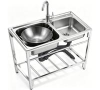 Portable Double Bowl Washing Sink, 304 Stainless Steel Freestanding, 20cm Depth with R-Corner, 3-Stage Drain System for Laundry, Garden, Garage, Restaurant