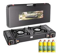 Portable Double Burner Camping Stove with Carry Case & 4 Butane Gas, Gas Cooker Stove Automatic Ignition System, Grill Plate Compact Cooker Butane Gas,BBQ Cooker & Outdoor Cooking