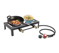 Portable Double Burner Outdoor Gas Stove Propane Cooker with Adjustable Flame 0-10PSI Regulator, Cast Iron Black Construction, Compact Size in Lightweight 6.79lbs for Camping, Picnics, Barbecue