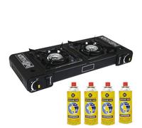 Portable Double Gas Cooker Stove + 4 Butane Gas Bottles Canisters - For Outdoor Camping, Fishing, Caravan & BBQ | Premium Burner, Automatic Ignition & Heater Control, EN417 Compliant - Black Grill