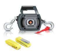 Portable Drill Winch of 1500 LB, Grey Handheld Drill Winch with 40 Foot Synthetic Rope, Rotate The Hook 360 Degrees, for Lifting & Dragging (Down Strap with D Rings)
