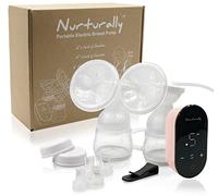 Portable Electric Breast Pump - Nurturally - Travel Dual Breastfeeding Pump Set for Expression and Stimulation, Quiet and Hands-Free, Pack Also Includes Bottles, Flanges, Duckbill Valves and More
