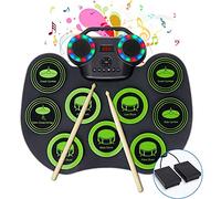 Portable Electronic Drum Kit,Foldable Roll Up Drum Pad with Headphones and Built-in Speakers 2 Foot Pedals Drumsticks,with LED Light and Bluetooth Connection,Great for Kids/Beginners (Icon green)