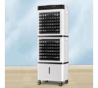 Portable evaporative air conditioner with a 14-liter tank, 3 speed settings, 90° oscillation, and multidirectional casters. Ideal for home use.