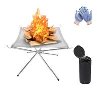 Portable Fire Pit for Camping, 42CM Foldable Stainless Steel Mesh Fire Pit Fireplace BBQ Fire Bowl with Heat Resistant Gloves&Carrying Bag, BBQ Fire