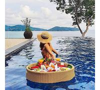 Portable Floating Pool Tray - Luxury Rattan Woven Serving Table for Food & Drinks - Stylish Breakfaster Tray for Poolside Use
