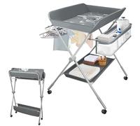 Portable Foldable Changing Table with Wheels, Adjustable Height, Nursery Organizer with Seat Belt, Storage Basket and Hanging Stand for Newborn and Infant (Grey)
