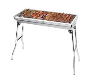 Portable foldable charcoal BBQ grill made from durable stainless steel. Ideal for garden parties, camping, picnics and outdoor cooking. Easy to set up with vents for even heat and smoky flavour.