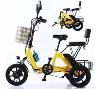 Portable Foldable Electric Commuter Bike 14-inch 3-Speed, 350W 48V 10ah Removable Battery, Back Seat & Basket, for Adults and Teens, Yellow