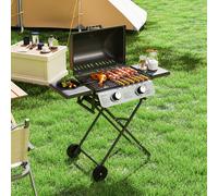 Outsunny Foldable Gas BBQ with Side Tables, 2 Burner Portable Gas Barbecue Grill with Thermometer Lid Grease Tray Wheels, Folding Trolley for Garden Party Camping Picnic Outdoor Cooking, 5.6KW, Black