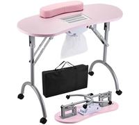 Portable & Foldable Manicure Table, Nail Desk Workstation with 4 Lockable Wheels, Client Wrist Pad, Free Carrying Bag, Professional Nail Desk for Home Travel Beauty Salon Workstation,Pink