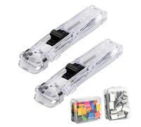 Portable Folder Stapler - 2 Pack Clear Hand Dispensers | Includes 100 Reusable Silver & Colored Folders | Clip Dispenser - Exam Papers Officer Classroom