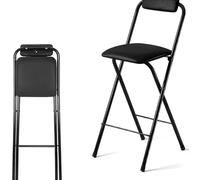 Portable Folding Bar Stool with Backrest Leather Padded Counter Height Chair Outdoor Camping & Kitchen Use Stylish round Cstool for Adults (Black Leather Pad-60Cm/23.6Inch/Black Leather Pad/65Cm/25.5I